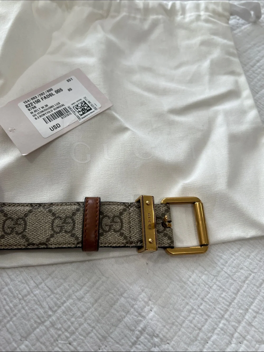 Gucci GG Canvas Belt in Beige Monogram with Brown Leather and Gold Buckle